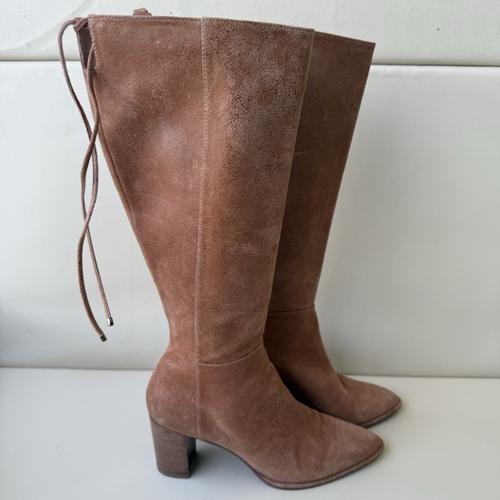 Stuart Weitzman Women's 6 Pink Leather Knee High Boots Pointed Toe Block Heel
